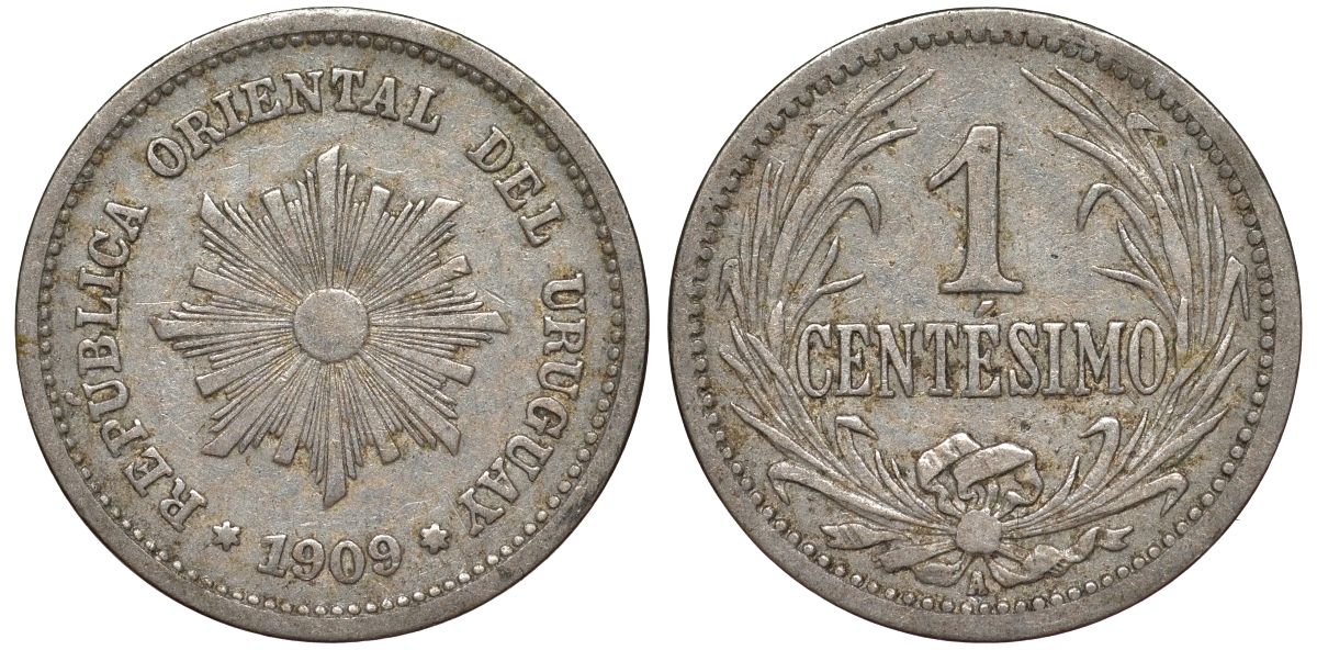 Уругвай 1 сентесимо 1909 KM 19 медно-никель 4169-622