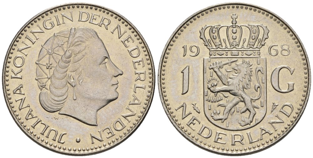 Нидерланды 1 гульден 1968 Юлиана (1948-1980) KM 184a никель UNC 4579-515