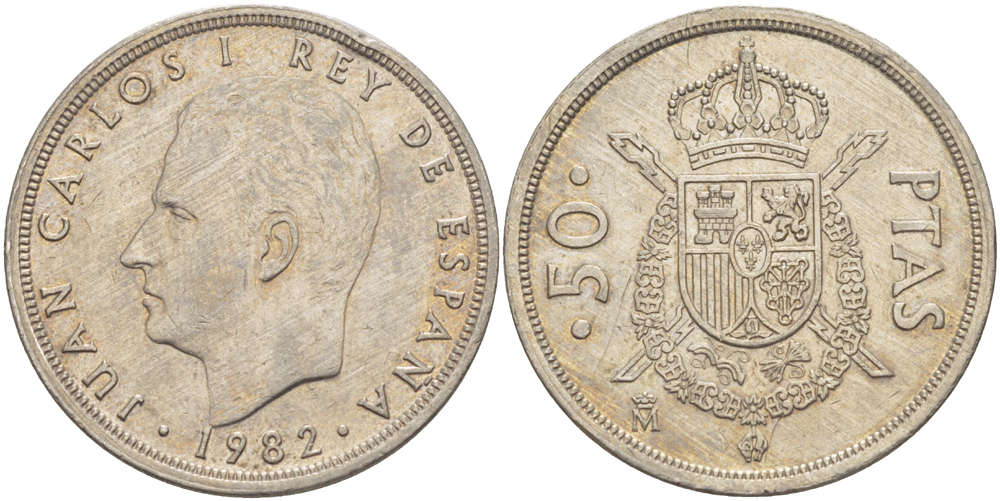 ИСПАНИЯ 50 ПЕСЕТ 1982 ХУАН КАРЛОС I ( 1975-) KM 825 медно-никель 4185-942