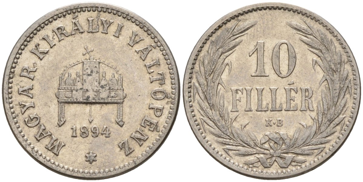 Венгрия 10 филлеров 1894 KB, Франц Иосиф I (1848-1916) KM 482 никель 4151-1056