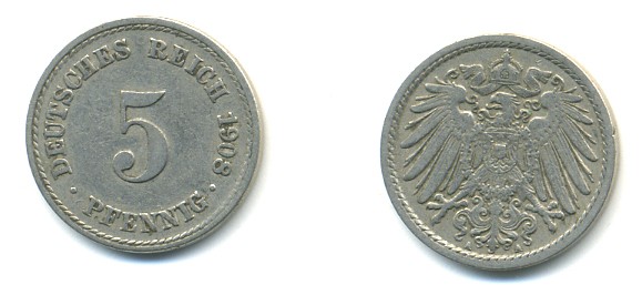 Германия 5 пфеннигов 1908 A KM 11, Jager 12, Weege 6 медно-никель 4379-547