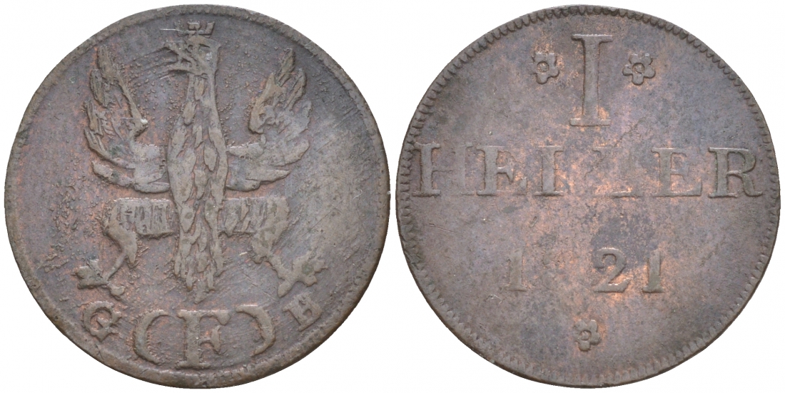 Франкфурт 1 геллер 1820 GB AKS 30, Jaeger 10, KM 301 медь 73-629