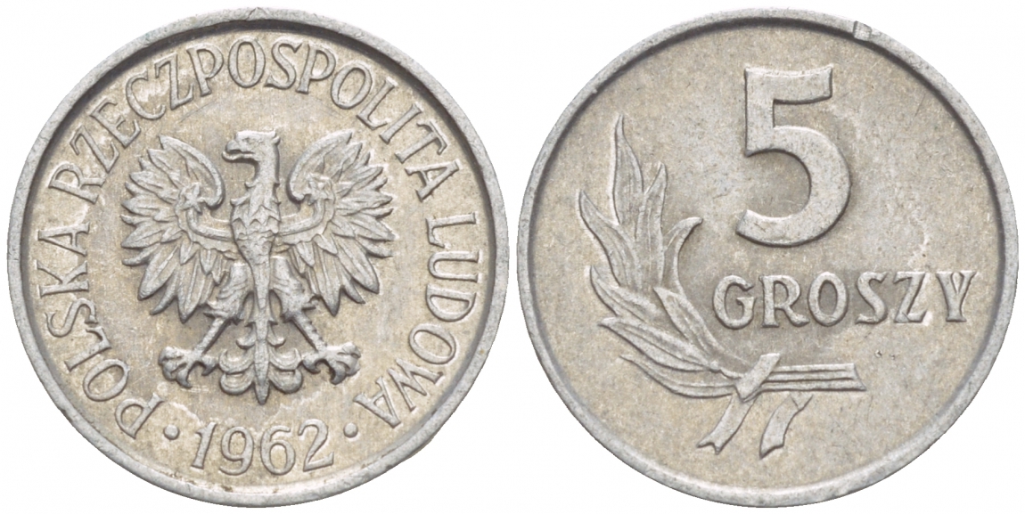 ПОЛЬША 5 ГРОШЕЙ 1962 KM А46 алюминий 4549-112