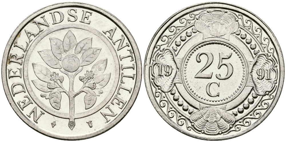 Нидерландские Антилы 25 центов 1991 Беатрикс (1980-2013) KM 35 сталь плакированная никелем 177-524