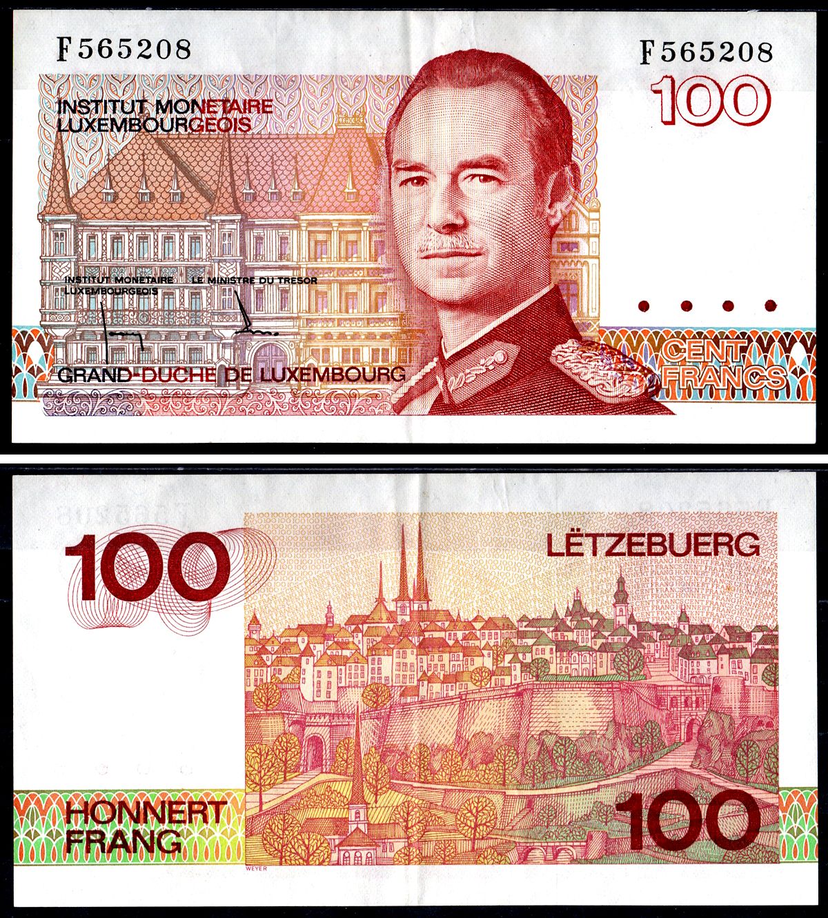 Люксембург 100 франков ND (1986) великий герцог Жак, вид города, серия D Pick 58 a бумага 7551-7-3-2
