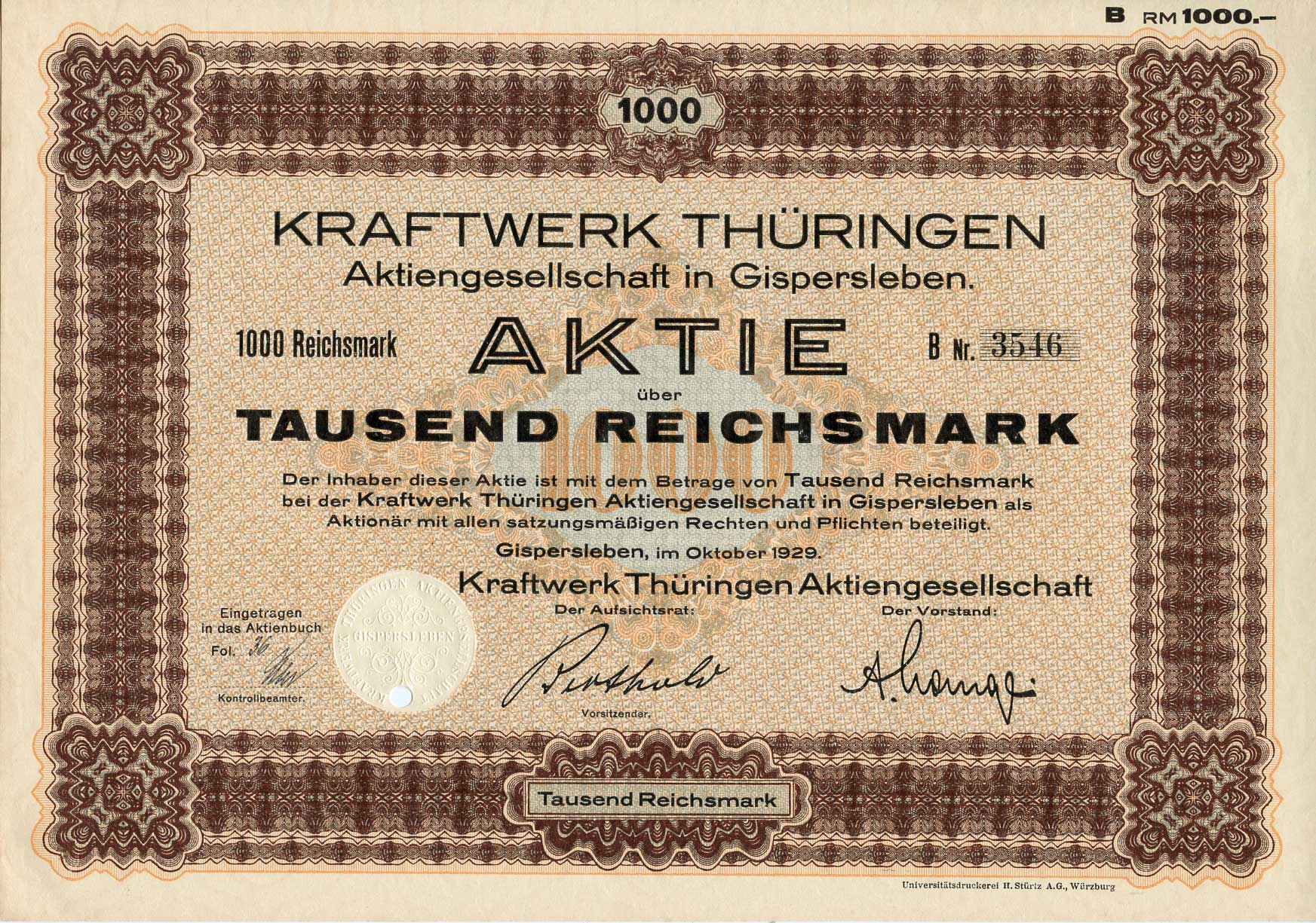 Германия 1000 рейхсмарок 1929 АО Электростанция Тюрингии, акция бумага 8801-104-1