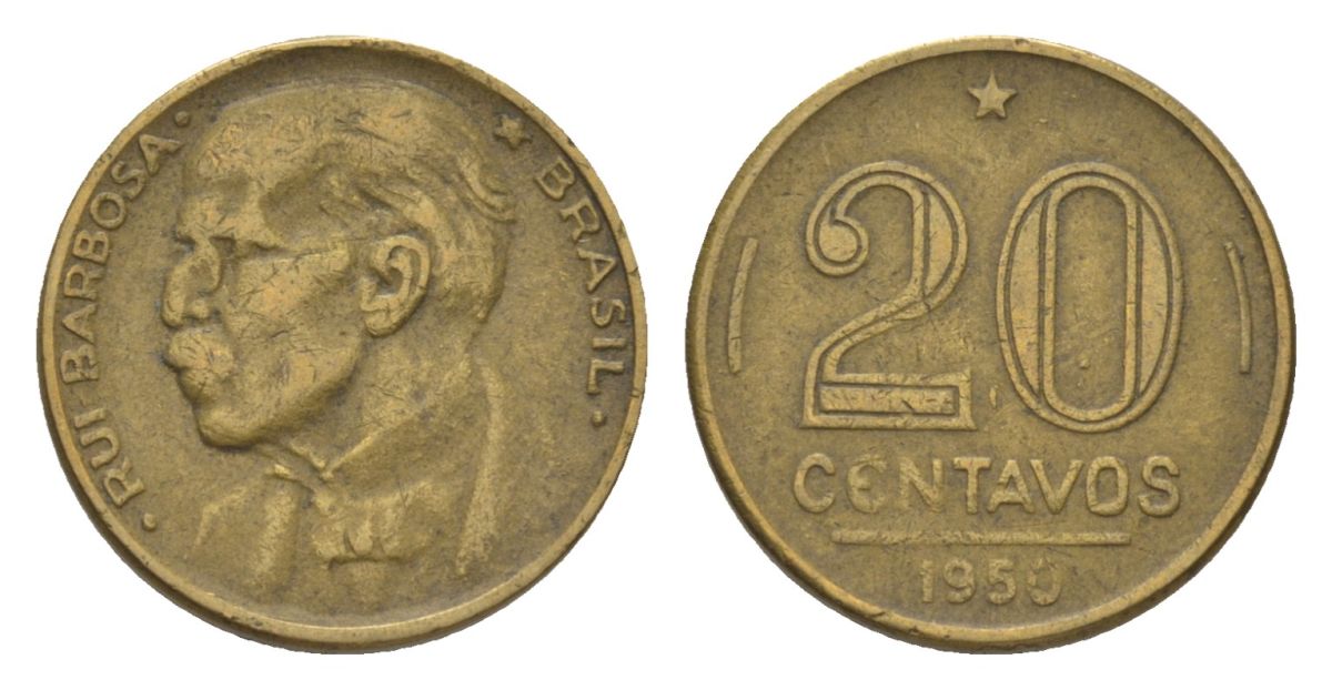 Бразилия 20 сентаво 1950 Руй Барбоза ди Оливейра KM 562 алюминиевая бронза 4625-951
