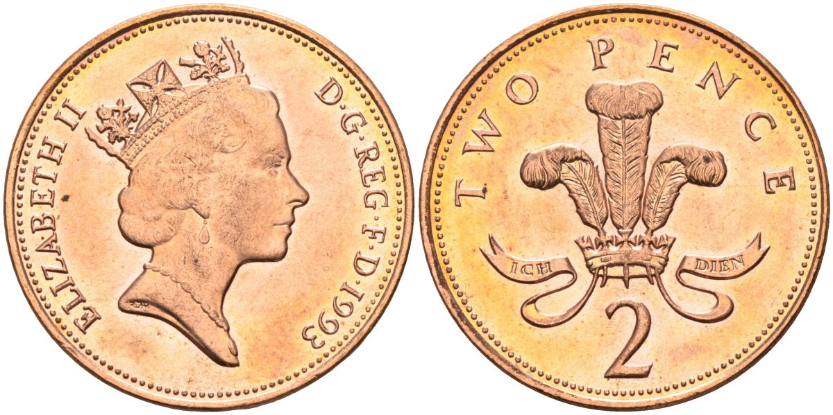 Великобритания 2 пенса 1993 Елизавета II (1952-2022) KM 936а, Spink 4386 (C4) сталь плакированная медью 4116-747
