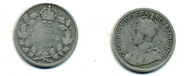 Канада 10 центов 1918 Георг V (1910-1936) KM 23 серебро 46-1115