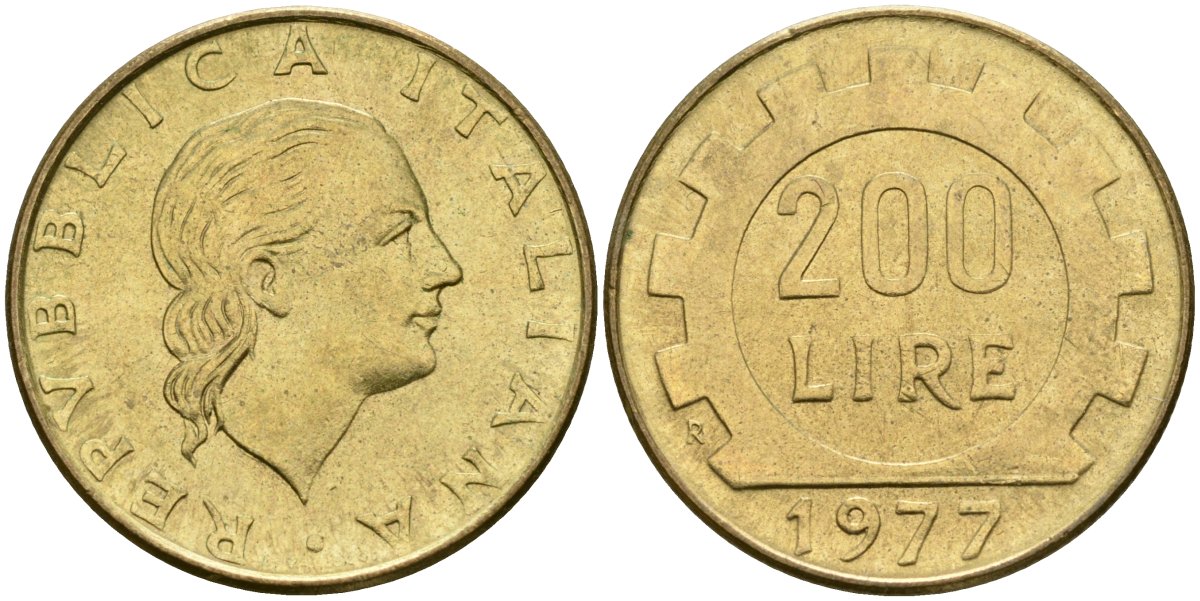 Италия 200 лир 1977 R, шестерня KM 105 алюминиевая бронза 4171-937