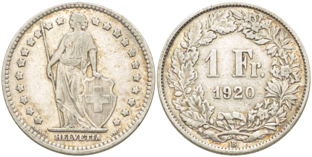 Швейцария 1 франк 1920 В KM 24 серебро 4544-356