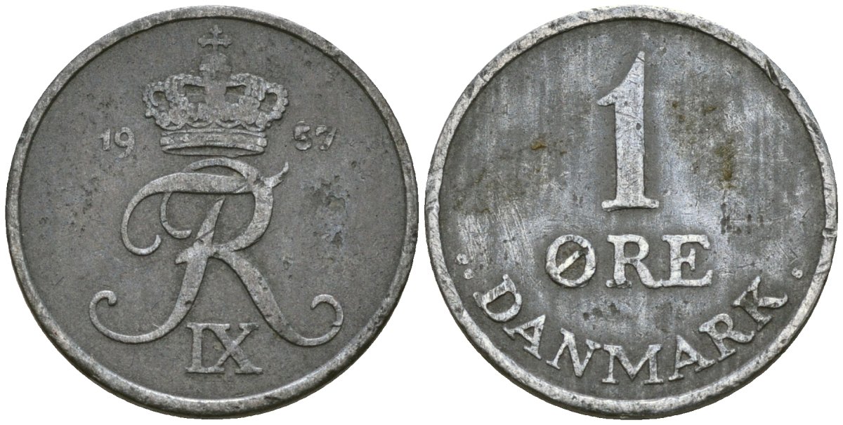 Дания 1 эре 1957 C;S, Фредерик IX (1947-1972) KM 839.2 цинк 4174-244