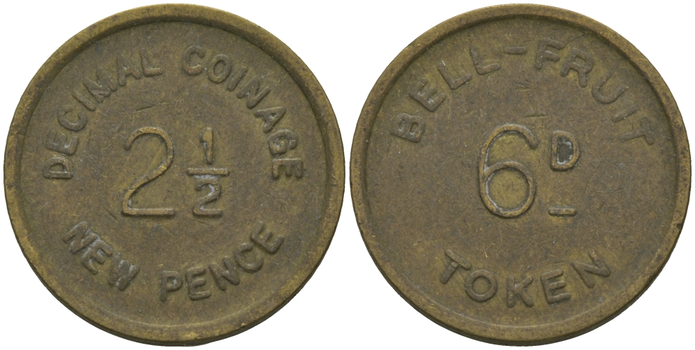 АНГЛИЯ 2 1/2 НОВЫХ ПЕНСА = 6 ПЕНСОВ 1971 BELL-FRUIT TOKEN латунь 99-514