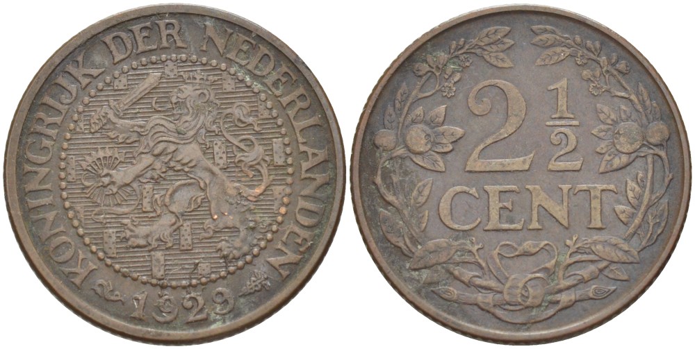 НИДЕРЛАНДЫ 2 1/2 ЦЕНТА 1929 ВИЛЬГЕЛЬМИНА (1890-1948) KM 150 бронза 4525-1254