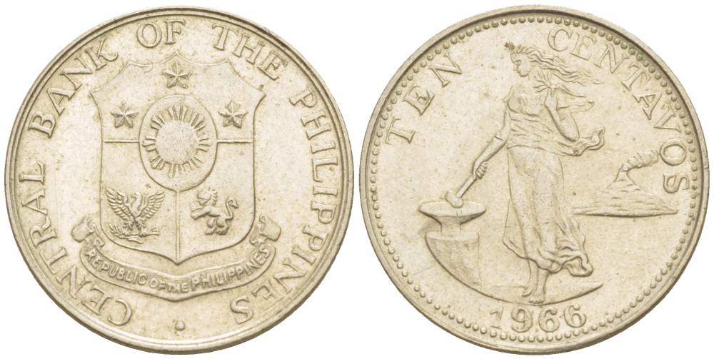 ФИЛИППИНЫ 10 СЕНТАВО 1966 KM 188 медь никель цинк 4544-526