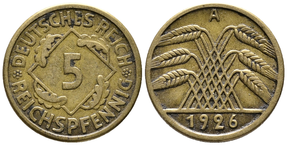 ГЕРМАНИЯ 5 РЕЙХСПФЕННИГОВ 1926 A KM 39, J. 316 алюминиевая бронза 39-561