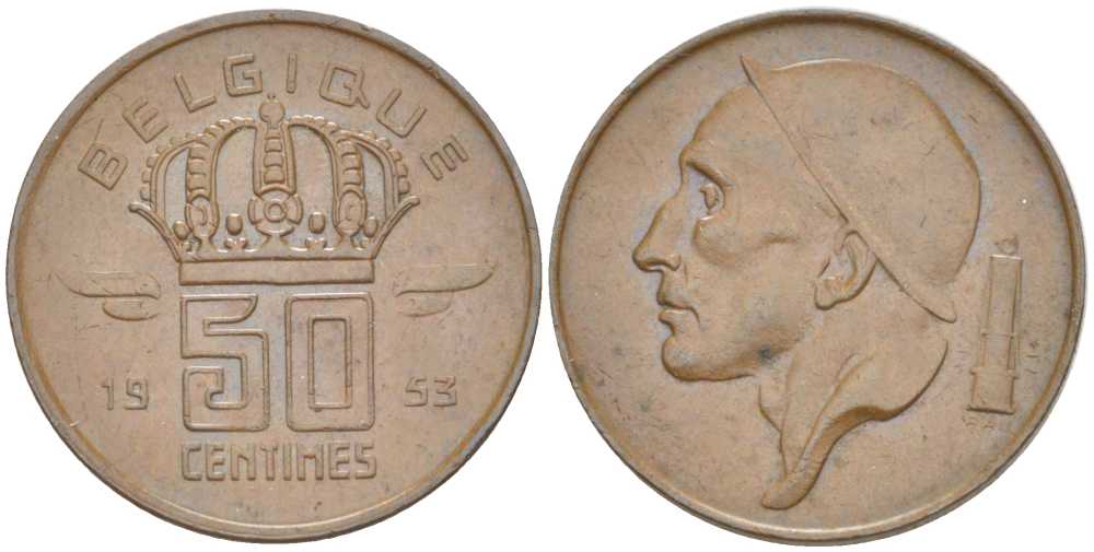 БЕЛЬГИЯ 50 САНТИМОВ 1953 BELGIQUE, БОДУЭН I (1951-1993) KM 144 бронза 214-445