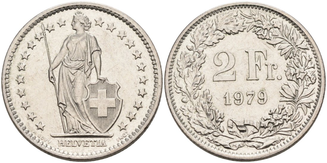 Швейцария 2 франка 1979 KM 21а медно-никель UNC 88-1123