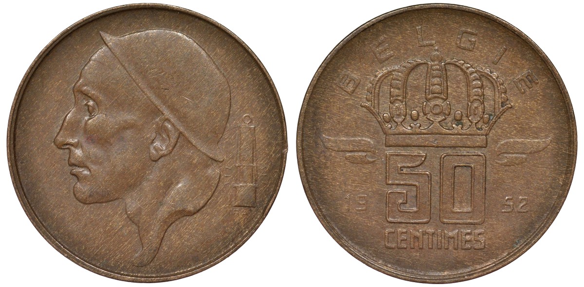 Бельгия 50 сантимов 1952 Belgie KM 145 бронза 4164-321