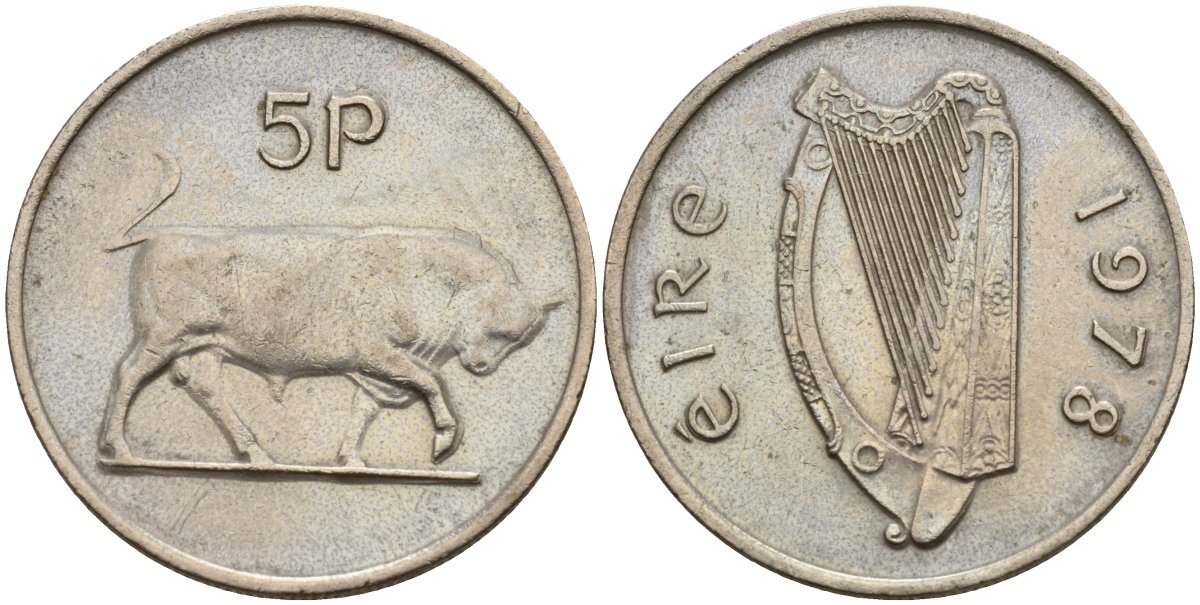 Ирландия 5 пенсов 1978 бык KM 22 медно-никель 4141-311
