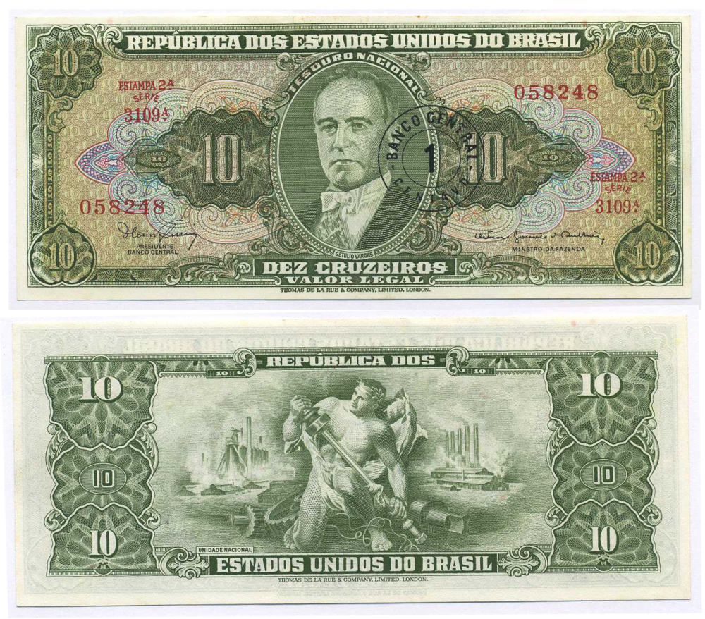 БРАЗИЛИЯ 1 СЕНТАВО 1966 НАДПЕЧАТКА НА 10 КРУЗЕЙРО, СЕРИЯ 3109, ESTAMPA 2A, ЖЕТУЛИУ ВАРГАС Pick 183а бумага UNC (ПРЕСС) 8595-27-2-2