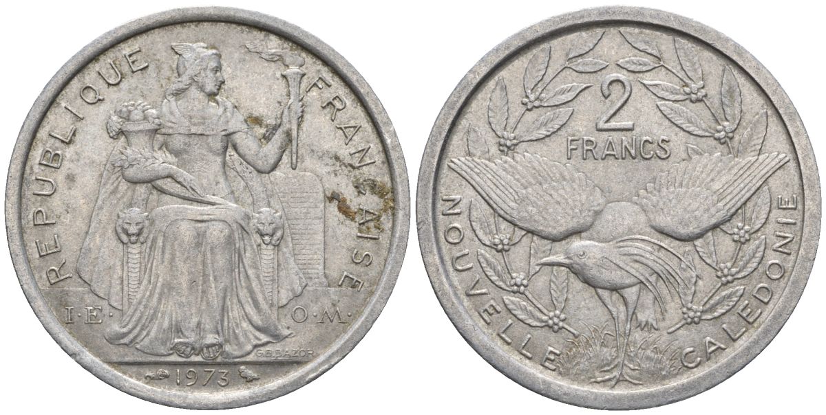 Французская Новая Каледония 2 франка 1973 птица кагу, (IEOM) KM 14, Schoen 11, Lec 57 алюминий    08-557