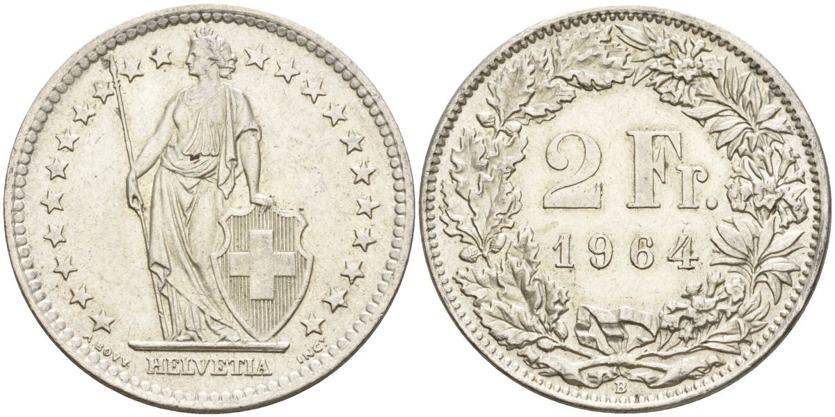 Швейцария 2 франка 1964 KM 21 серебро 4607-545