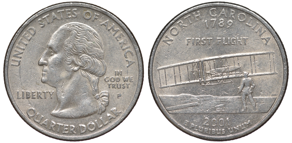 США 25 центов = квотер 2001 Р, серия штаты США, Северная Каролина KM 319 медь плакированная медно-никелем 4539-425