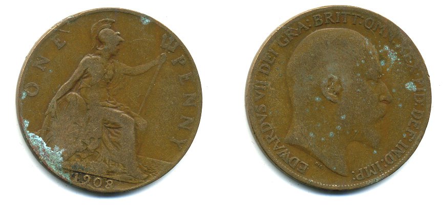 Великобритания 1 пенни 1908 Эдуард VII (1901-1910) KM 794.2, Spink 3990 бронза 47-716