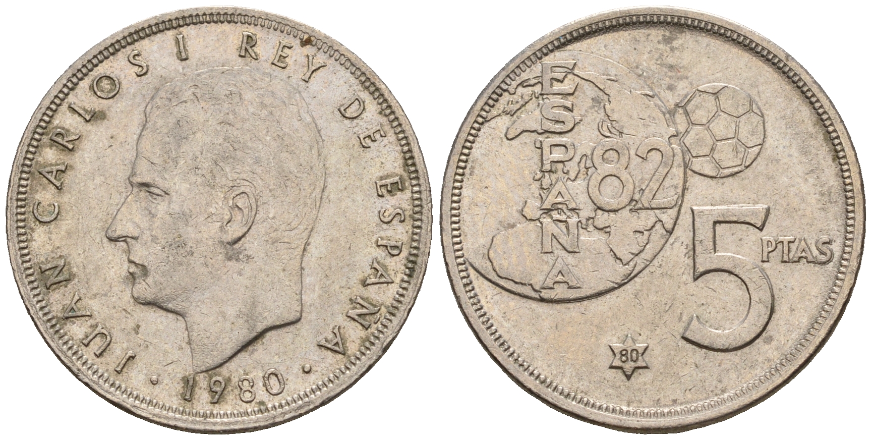 Испания 5 песет 1980 (80), Хуан Карлос , чемпионат мира по футболу, Испания 1982 KM 817 медно-никель 259-1121