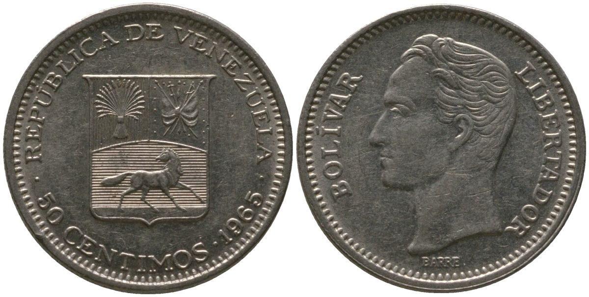 Венесуэла 50 сентимо 1965 Симон Боливар KM 41, Schon 51 никель 4525-843