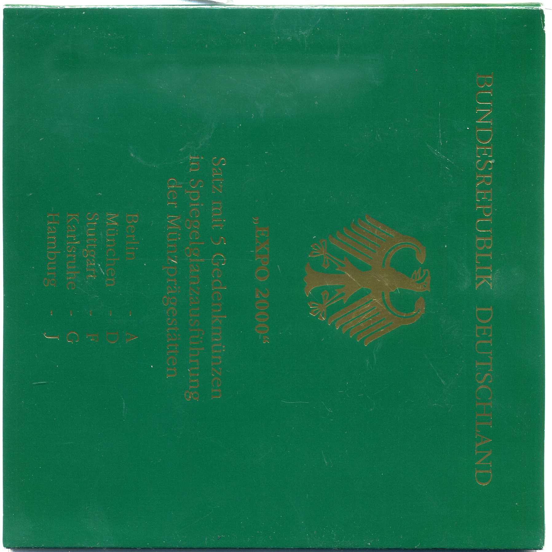 ФРГ набор из 5 штук по 10 марок 2000 A, D, F, G, J,  EXPO 2000 KM 199 серебро PROOF 6-5-2-14