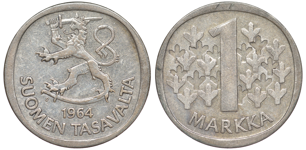 Финляндия 1 марка 1964 S KM 49 серебро 259-411