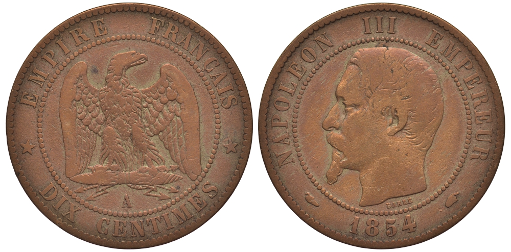 ФРАНЦИЯ 10 САНТИМОВ 1854 А, НАПОЛЕОН III (1852-1870) KM 771.1 бронза 1529-323