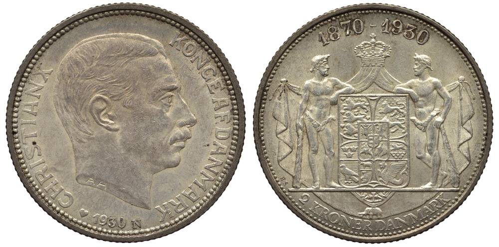 Дания 2 кроны 1930 N; AH, 60 лет королю Кристиану X (1870-1930) KM 829 серебро 69-424