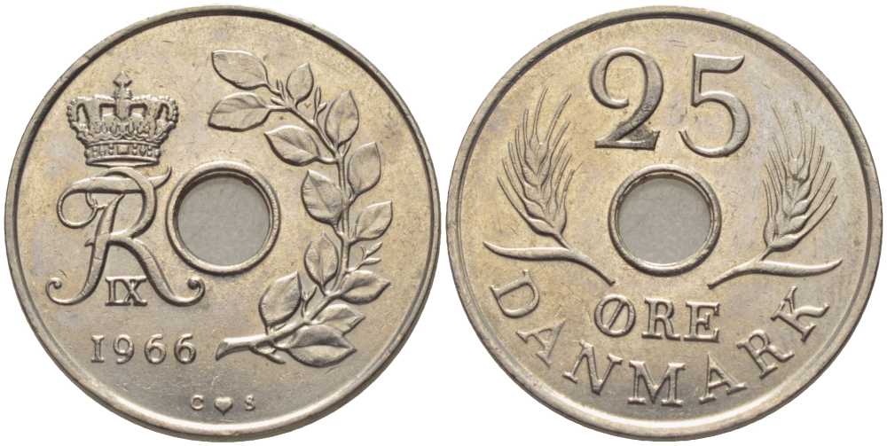 ДАНИЯ 25 ЭРЕ 1966 С;S, ФРЕДЕРИК IX (1947-1972) KM 855.1 медно-никель 202-732