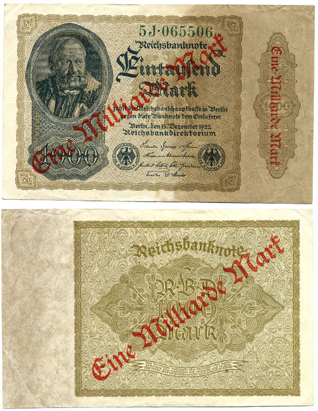 Германия 1000000000 марок 1923 сентябрь 1923, диагональная красная надпечатка на 1000 марок 1922 Pick 113a бумага 7147-29-2
