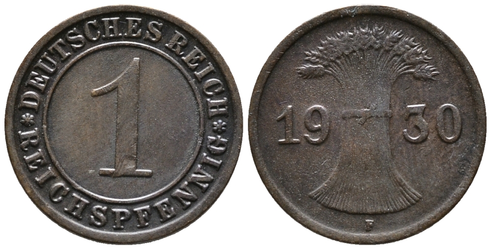 ГЕРМАНИЯ 1 РЕЙХСПФЕННИГ 1930 F KM 37, J. 313 бронза 39-1045