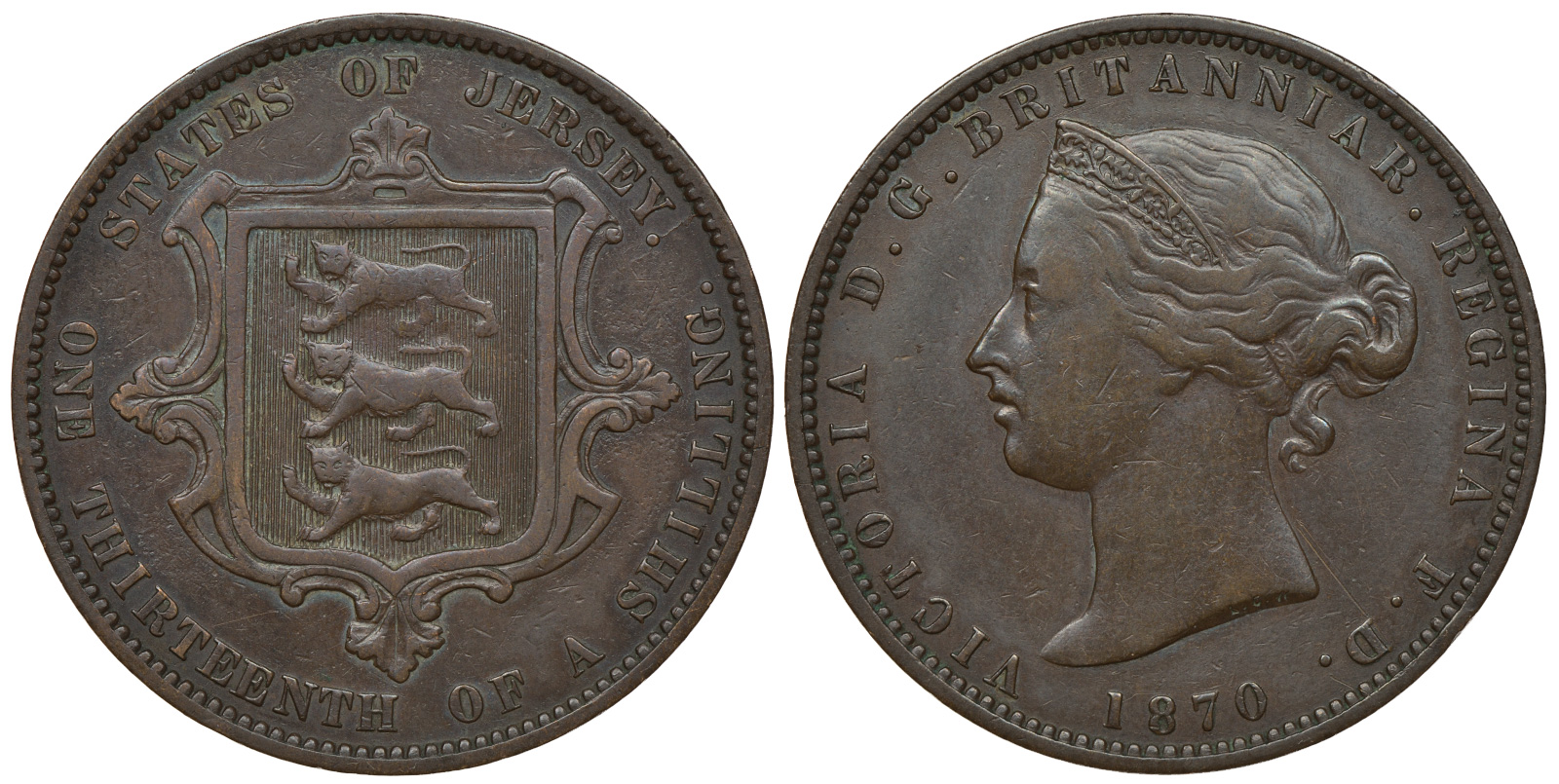 Джерси 1/13 шиллинга 1870 Виктория (1837-1901) KM 5 бронза 650-333