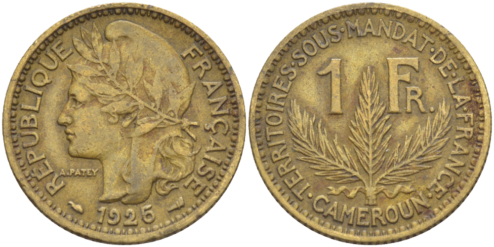 Французский Камерун 1 франк 1925 (а), монетный двор Париж KM 2 алюминиевая бронза 34-741