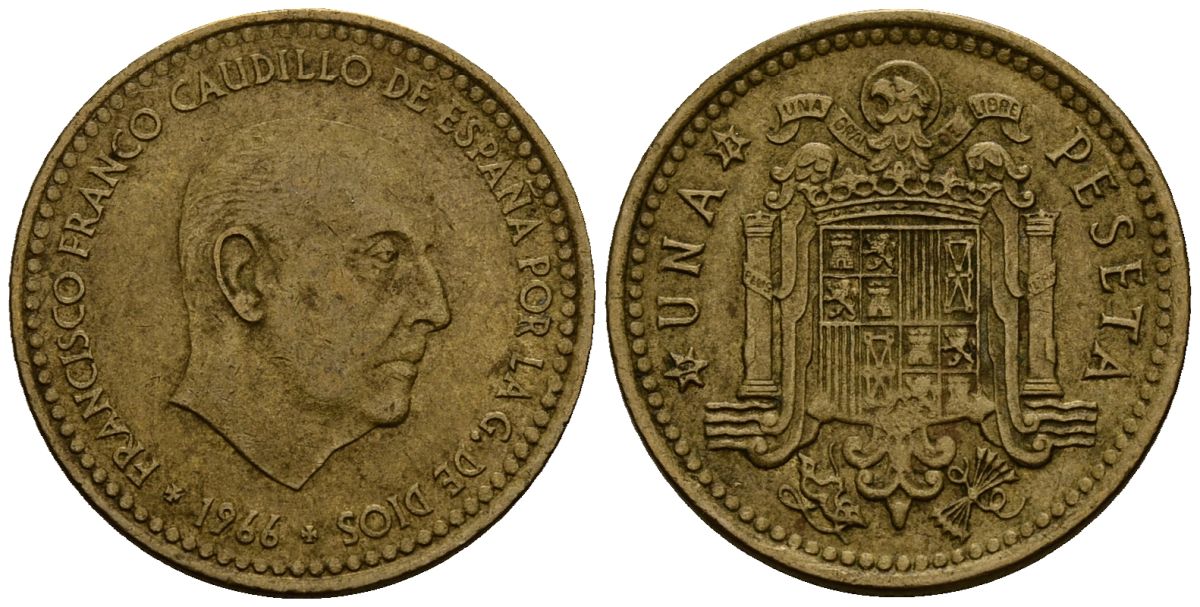 Испания 1 песета 1966 Франсиско Франко (1939-1975) KM 796 алюминиевая бронза 4176-316