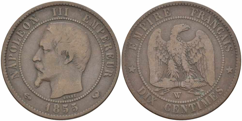 Франция 10 сантимов 1855 W, Наполеон III (1852-1870) KM 771.7, Le Franc 133.31 бронза    4680-526