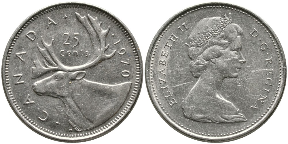 Канада 25 центов 1970 Елизавета II (1952-2022), олень KM 62 b никель 4543-727