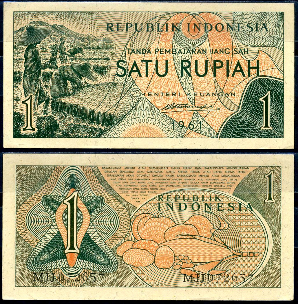 Индонезия 1 рупия 1961 урожай риса, серия MJJ072 Pick 78 бумага aUNC 7554-10-2-1