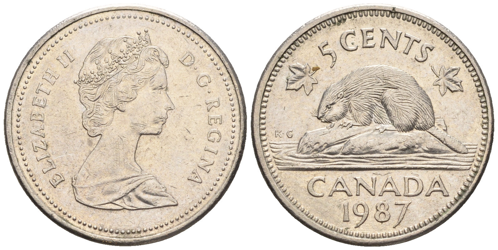 Канада 5 центов 1987 Елизавета II (1952-2022), бобер KM 60.2 a медно-никель 4609-434