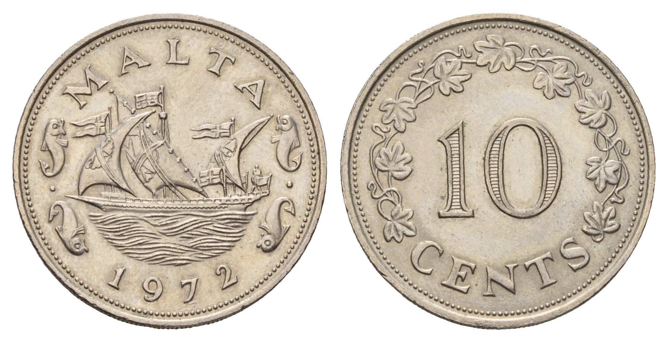 Мальта 10 центов 1972 баржа Великого магистра KM 11 медно-никель 25-2423