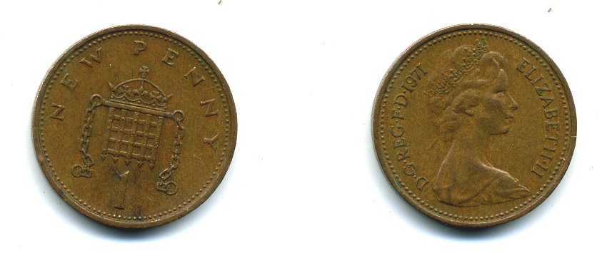 Великобритания 1 пенни 1971 Елизавета II (1952-2022) KM 915, Spink 4237 (B1) бронза 54-1413