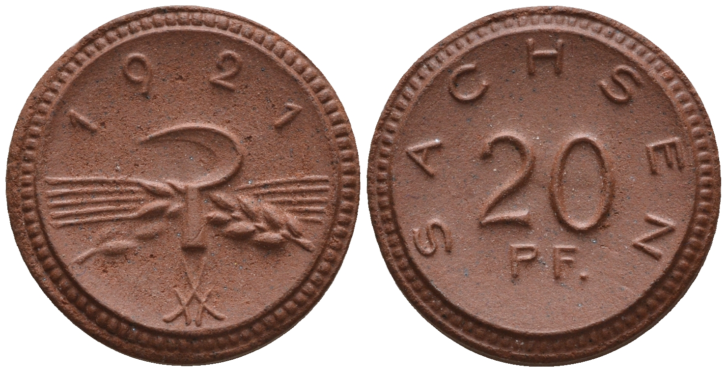 Саксония 20 пфеннигов 1921 колосья и серп J. N 53 фарфор UNC 1094-8-75