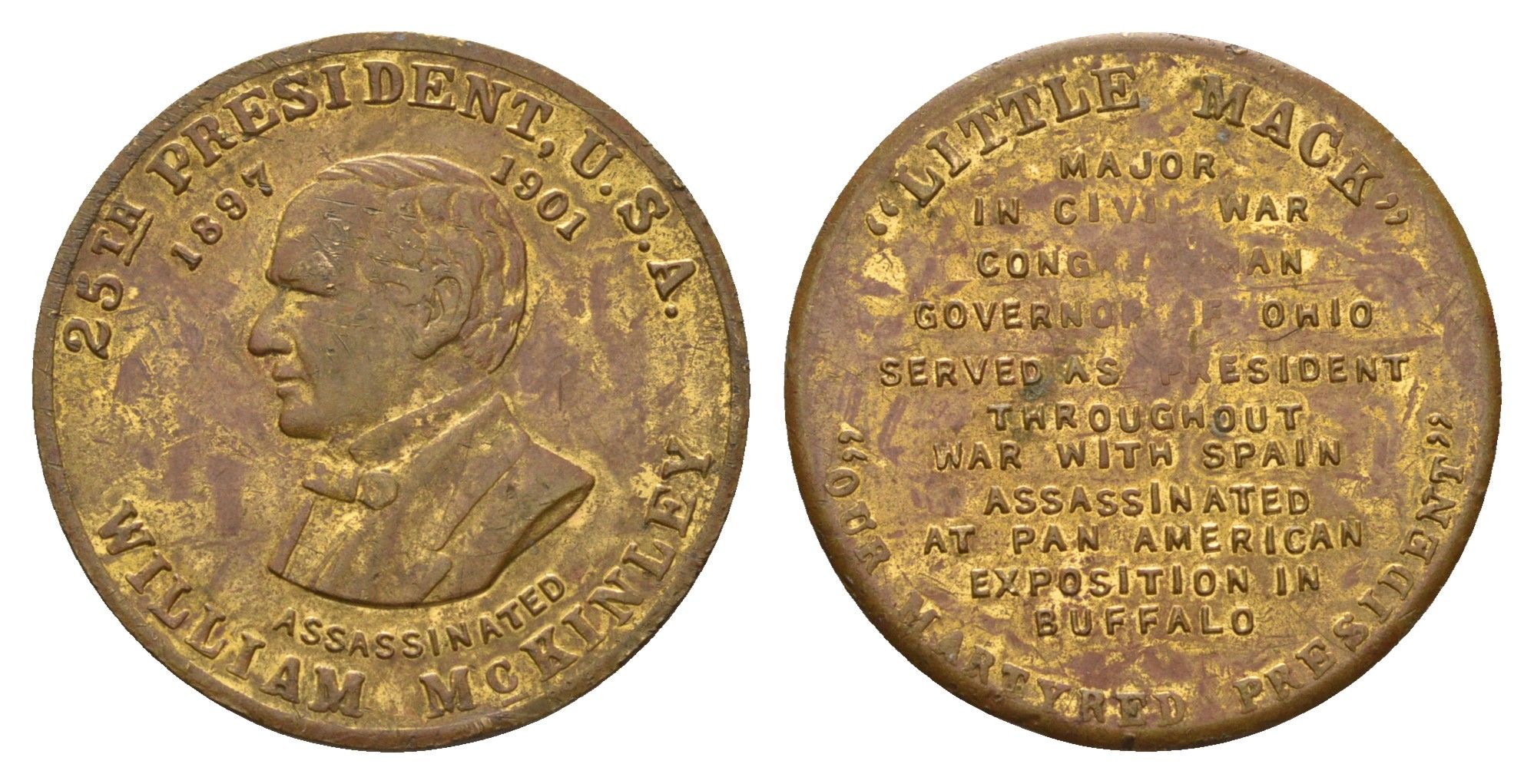 США медаль в честь Уильяма Маккинли, 25-го президента США (1897-1901) XX век диаметр 25 мм, вес 5,4 гр латунь 4128-735