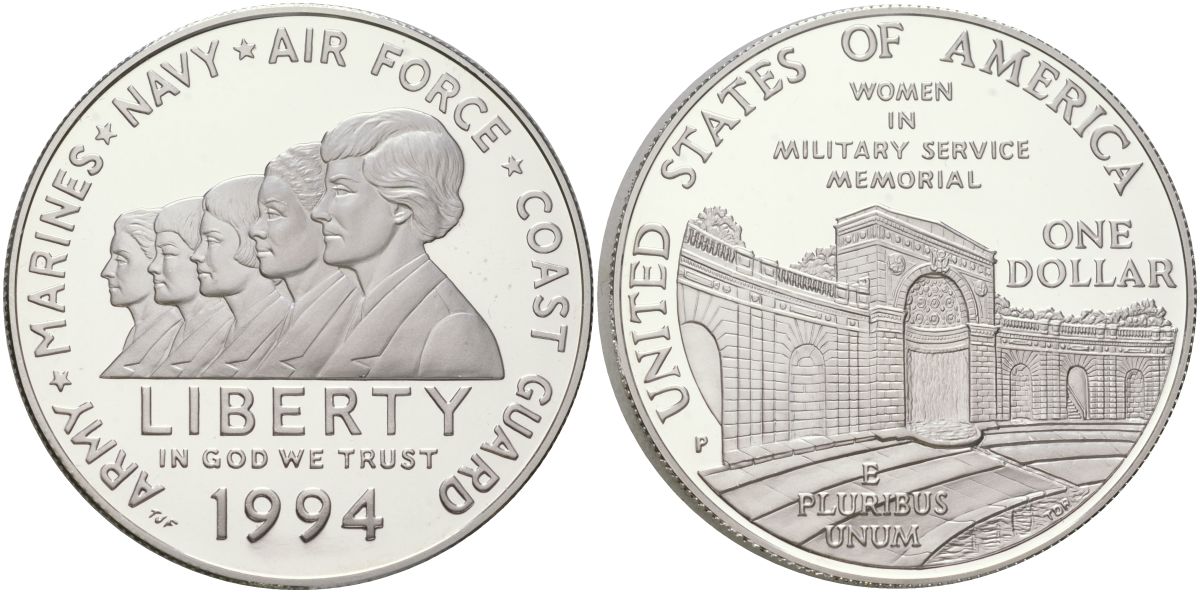 США 1 доллар 1994 P, Мемориал женщинам на военной службе KM 252 серебро PROOF 11-233-11